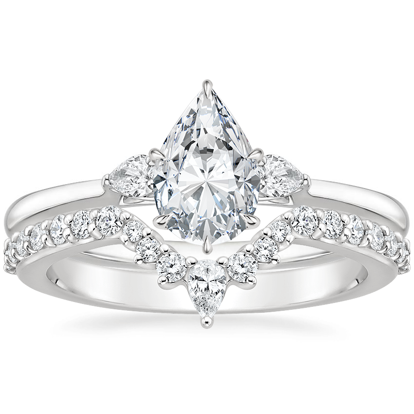 18K White Gold Perfect Fit Three Stone Pear Diamond Ring with Luxe